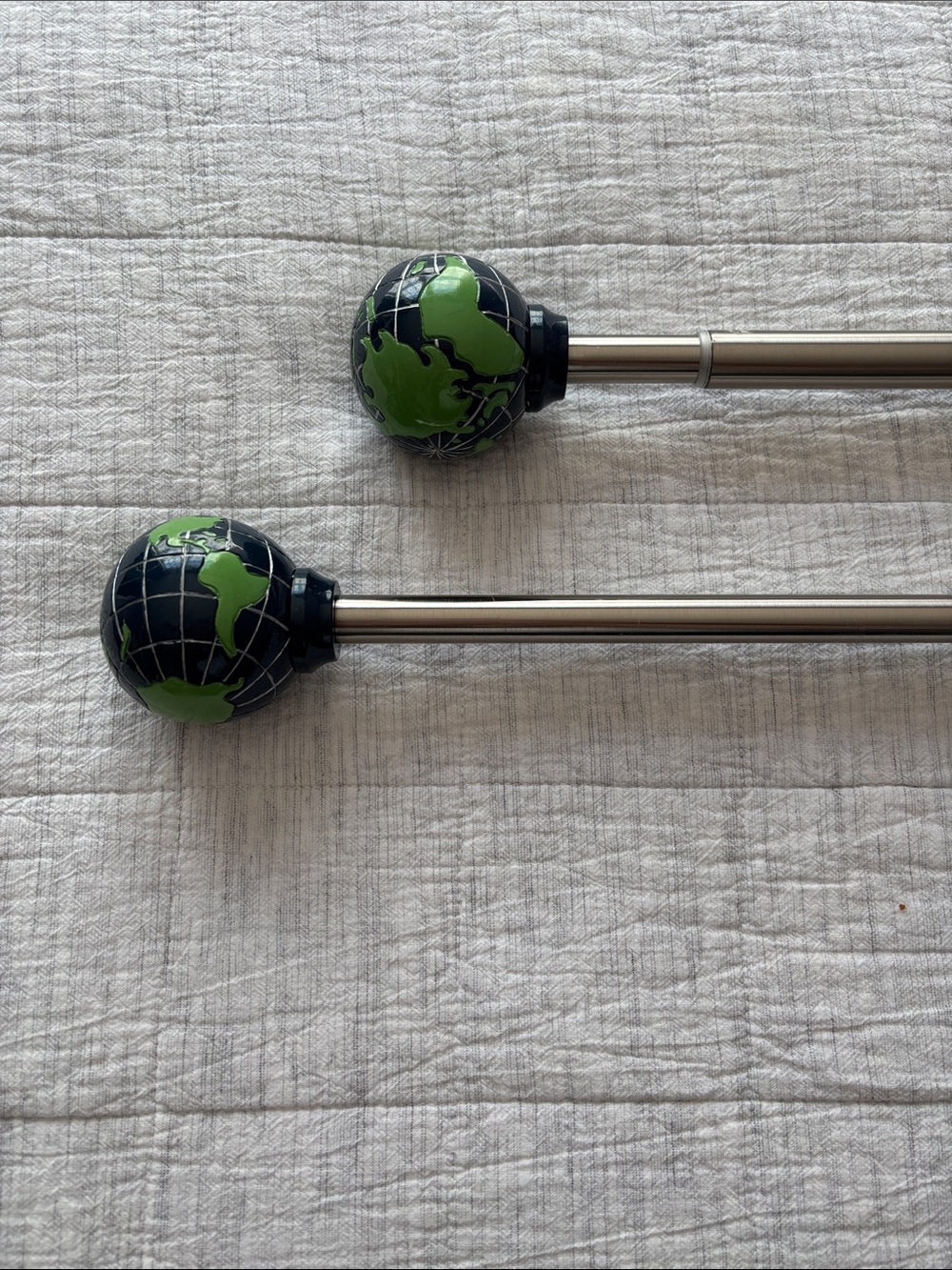 Pottery Barn Kids Nickel Curtain Rods with Green & Blue Globe Finials